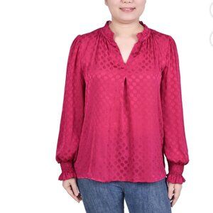 NY Collection Women's Long Sleeve Smocked Cuff Sangria Pink Top ~ Large ~ NWT